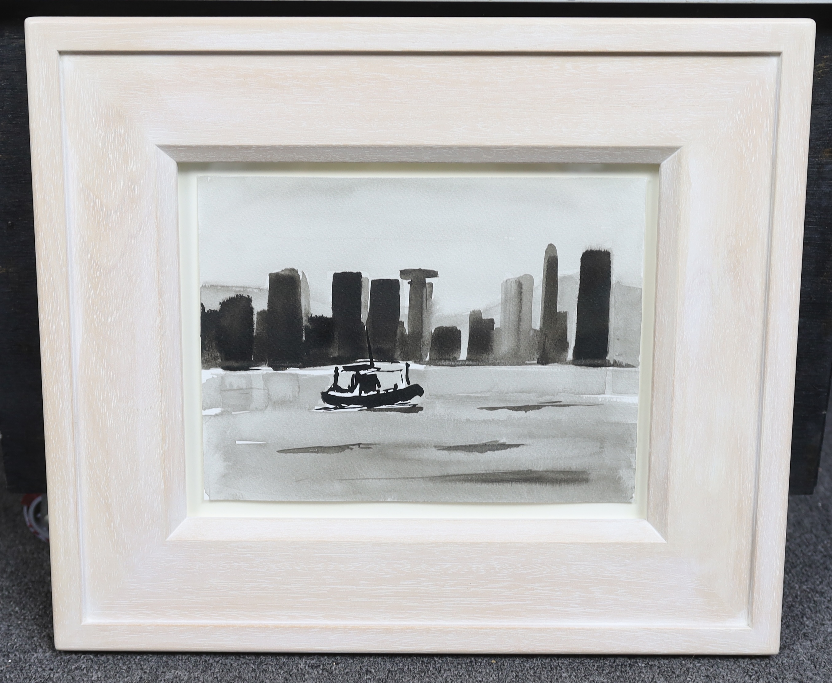 Liam Spencer (British, b.1964), 'Boat and skyscrapers, Hong Kong', ink drawing, 18 x 24.5cm